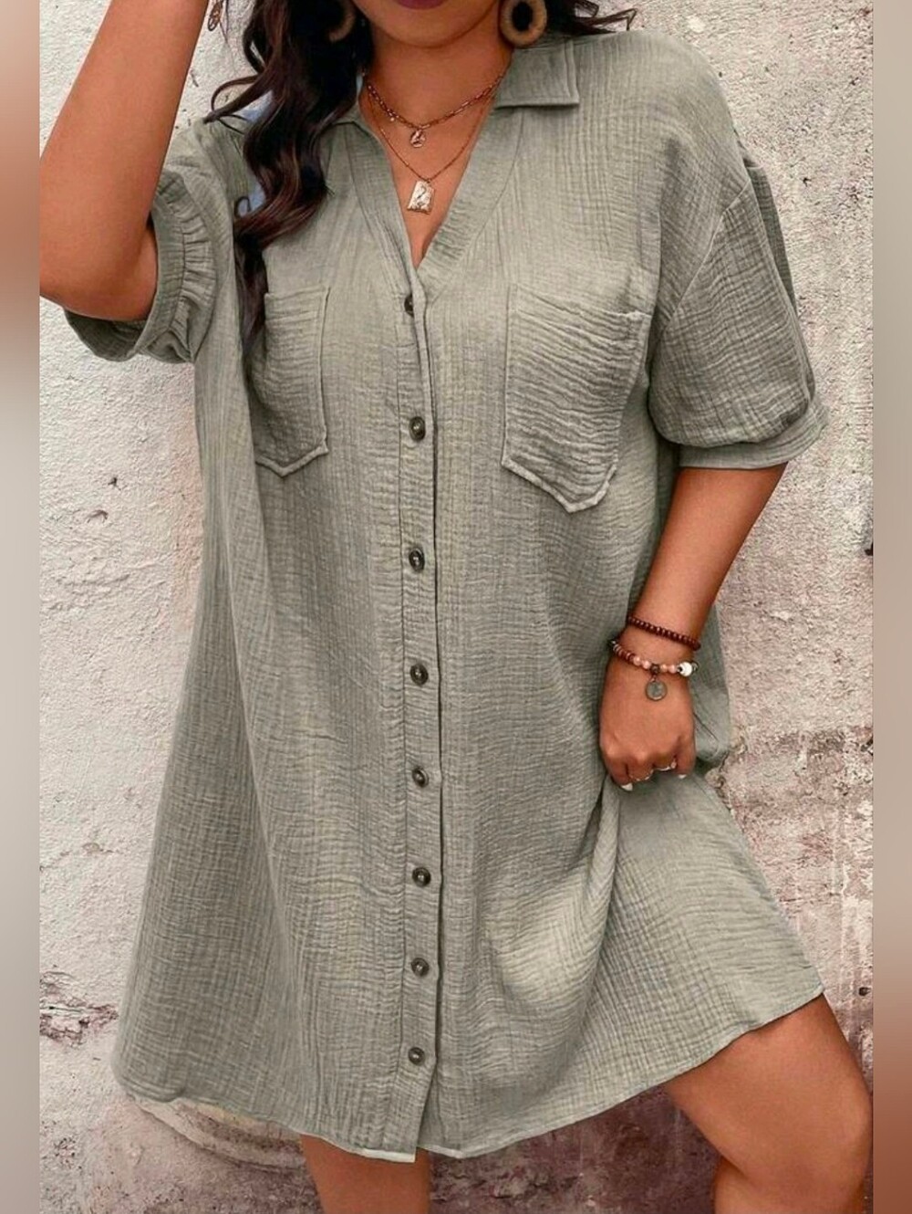New Textured Cotton Button Down Shirt Dress PLUS Pockets
